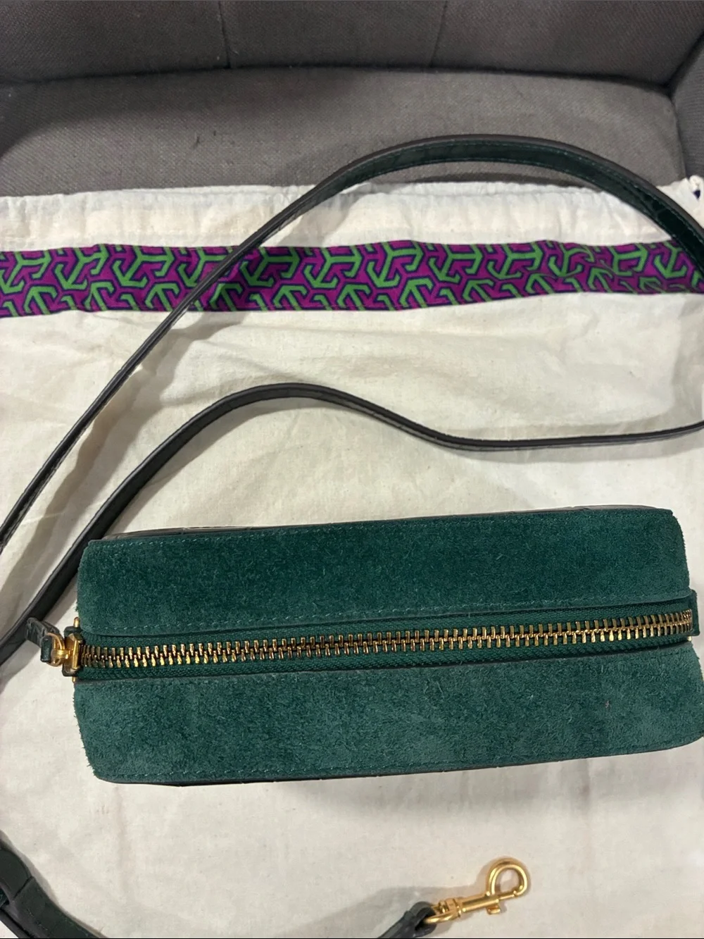 Tory Burch Forest Green Croc-Embossed Camera Bag with Gold Logo